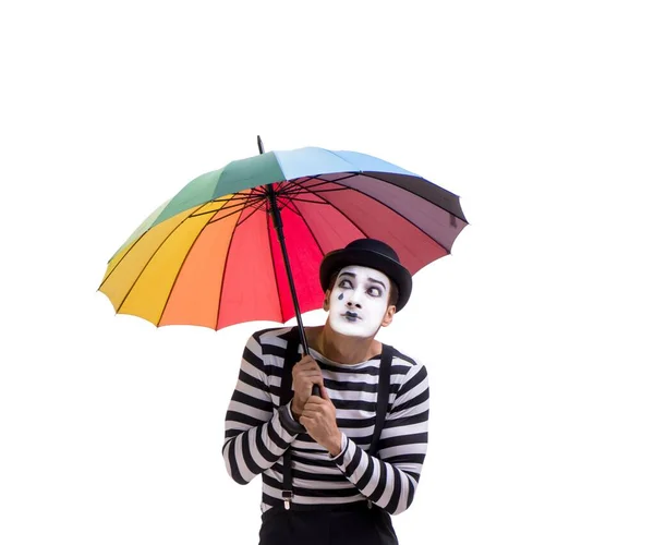 Mime med paraply isolerad på vit bakgrund — Stockfoto