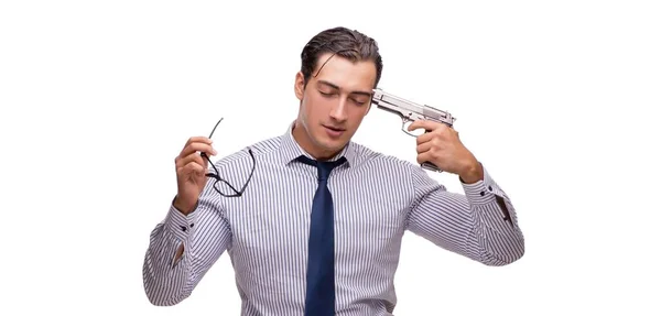 Ung affärsman med pistol isolerad på vit — Stockfoto