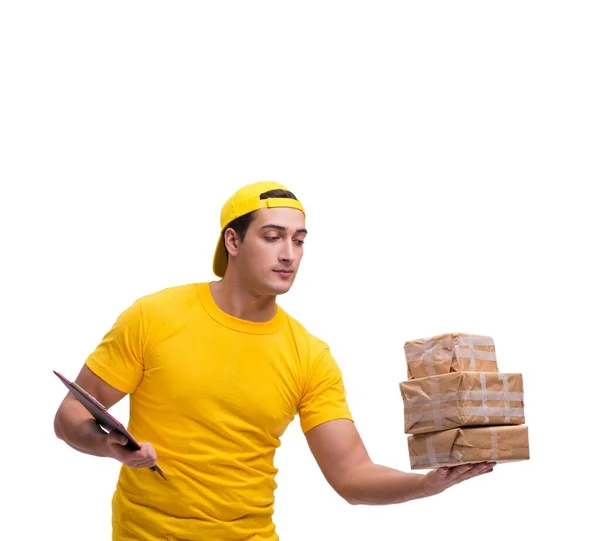 El hombre entrega regalo de Navidad aislado en blanco — Foto de Stock