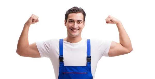 Reparador guapo con monos aislados en blanco — Foto de Stock