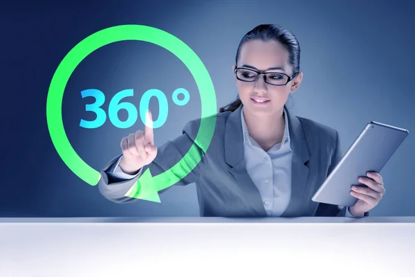 Concepto de 360 grados con botón de mujer de negocios — Foto de Stock