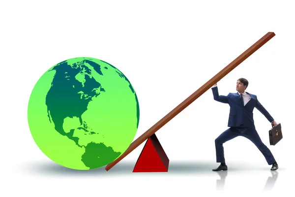 Businessman lifting the earth in challenge concept — Stock Photo, Image