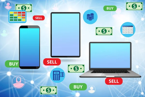 Online obchodování s měnami koncept s různými zařízeními — Stock fotografie
