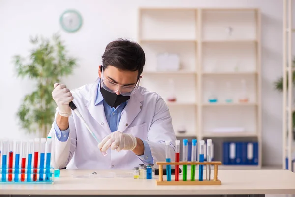 Jovem químico do sexo masculino que trabalha no laboratório durante a pandemia — Fotografia de Stock