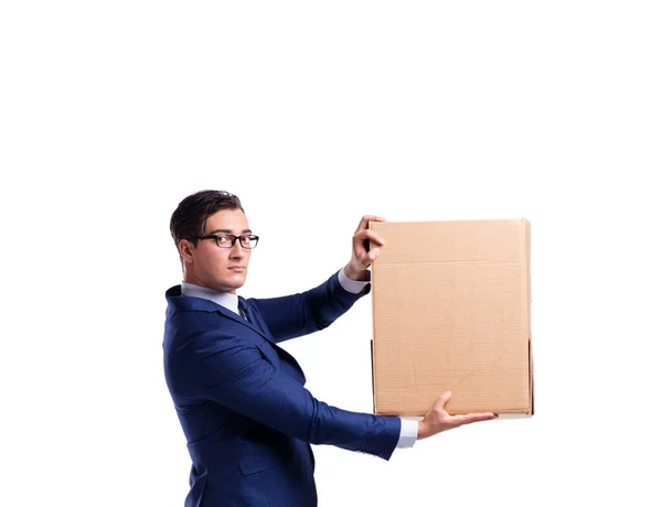 İş adamı kaldırma kutusu beyaz üzerine izole — Stok fotoğraf