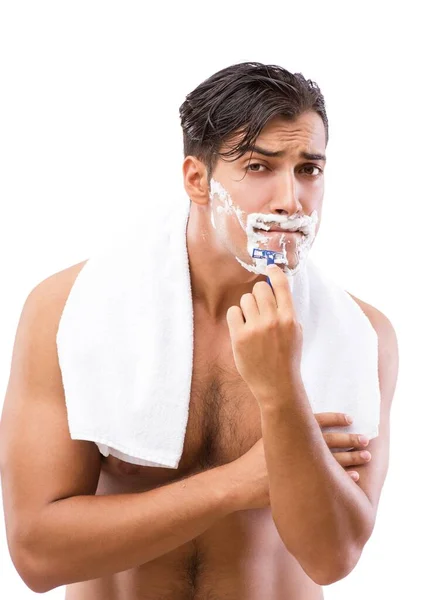 Handsome man shaving isolated on white — Stock Photo, Image