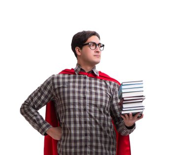 Kitapları beyaza ayrılmış süper kahraman öğrenci.