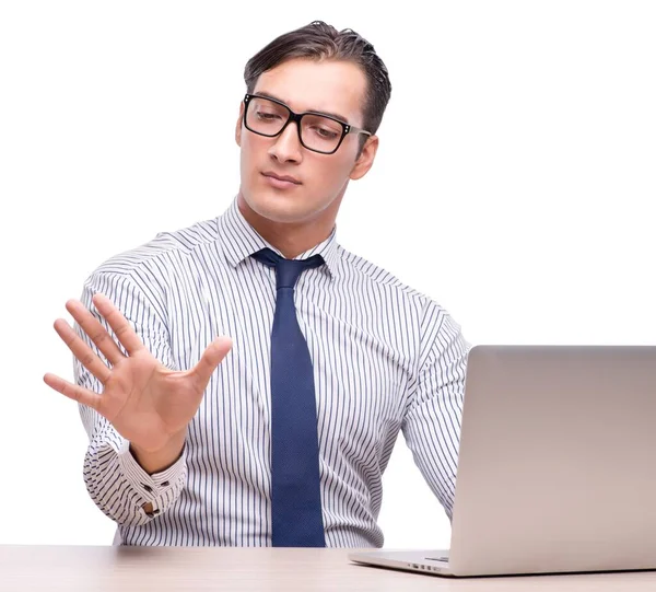 Hombre de negocios guapo trabajando con ordenador portátil aislado en wh — Foto de Stock