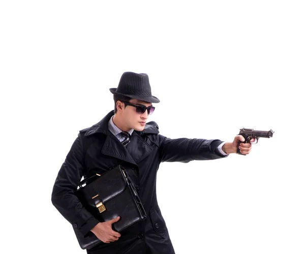 男子间谍与手枪隔离的白色背景 — 图库照片