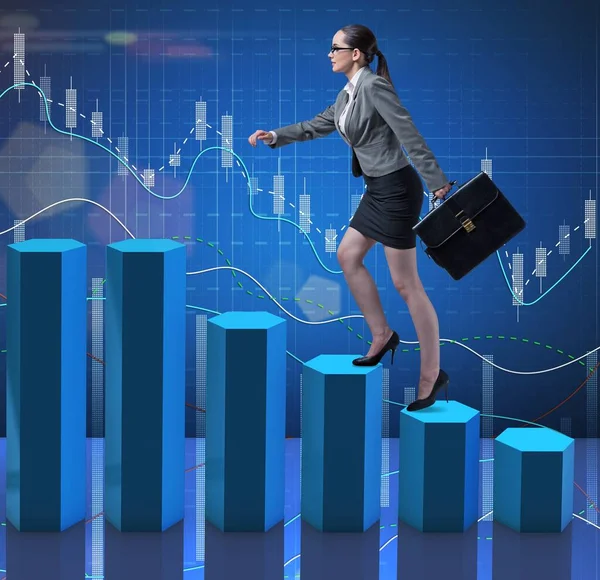 Businesswoman climbing career ladder as trader broker