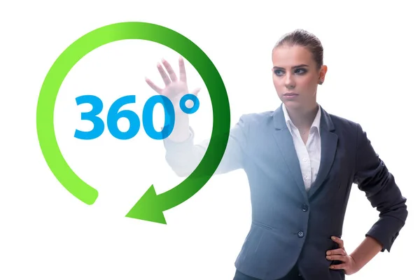 360-Grad-Konzept mit Unternehmerin auf Knopfdruck — Stockfoto