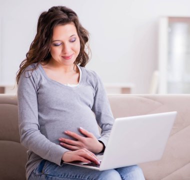 Dizüstü bilgisayarda çalışan hamile kadın kanepede oturuyor.