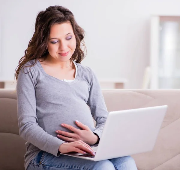 Dizüstü bilgisayarda çalışan hamile kadın kanepede oturuyor.