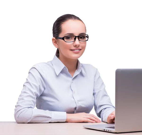 Jovem empresária com laptop isolado em branco — Fotografia de Stock