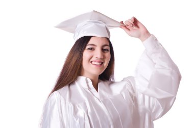 Diplomalı bir kız, beyazlar içinde izole edilmiş.