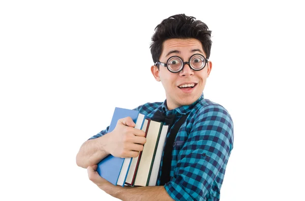 Grappige student met stapel boeken — Stockfoto