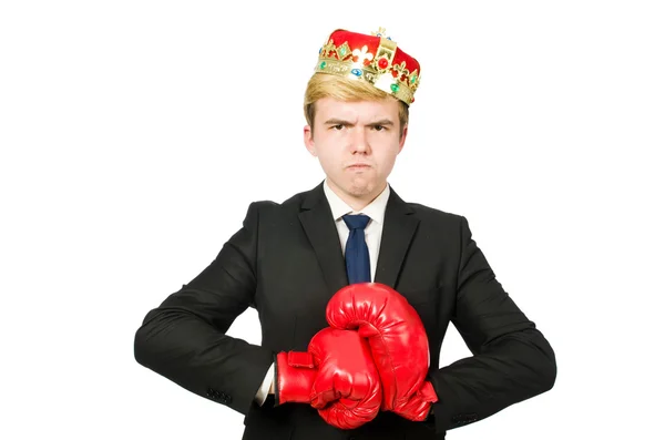 Homme d'affaires drôle avec couronne et gants de boxe — Photo