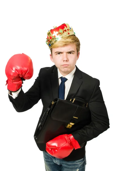 Uomo d'affari divertente con corona e guanti da pugilato — Foto Stock