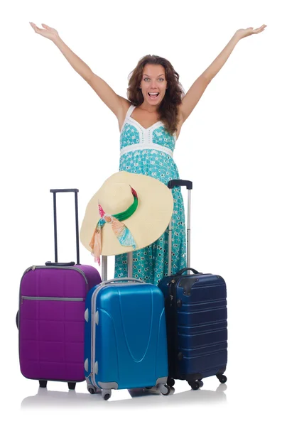 Женщина путешественник с чемоданом изолированы на белом — стоковое фото