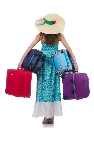 Woman traveller with suitcase isolated on white — Stock Photo, Image