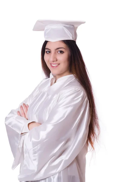 Chica graduada con diploma aislado en blanco —  Fotos de Stock