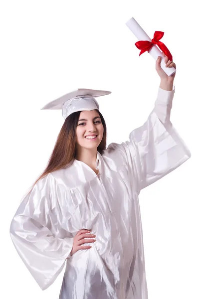 Afgestudeerd meisje met diploma geïsoleerd op wit — Stockfoto