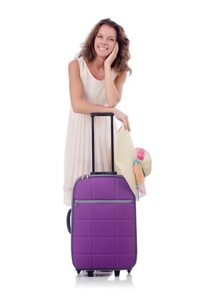 Mulher viajante com mala isolada em branco — Fotografia de Stock