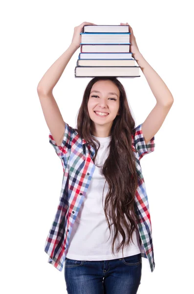 Jovem estudante com livros isolados sobre o branco — Fotografia de Stock