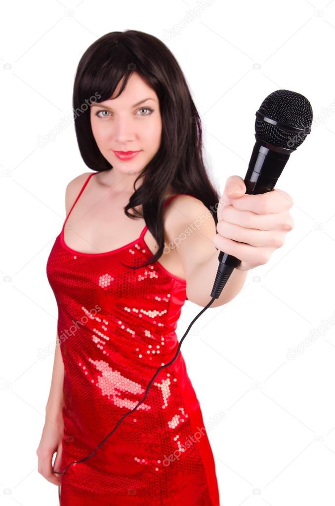Woman in red dress singing songs