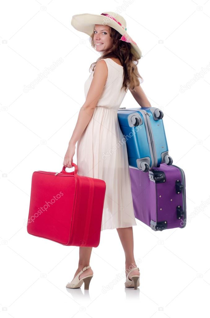 Woman traveller with suitcase isolated on white