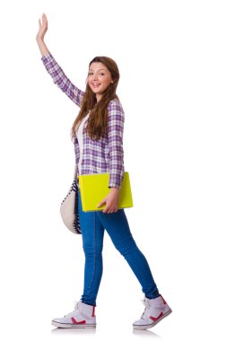 Kitapları olan genç bir öğrenci beyazlara izole edilmiş.