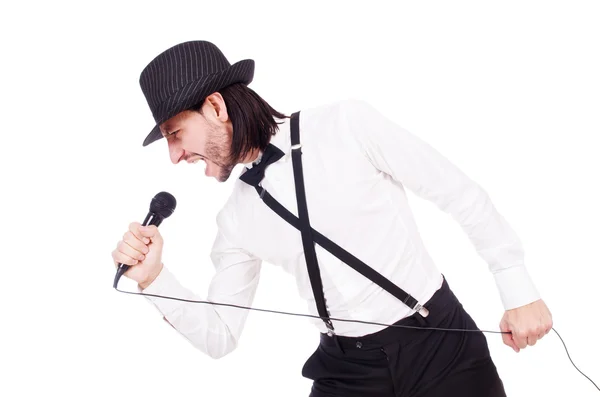 Divertente uomo che canta isolato sul bianco — Foto Stock