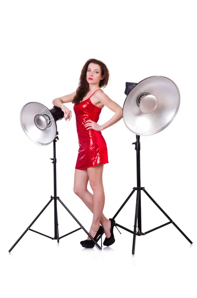 Woman in red dress posing in the studio — Stock Photo, Image