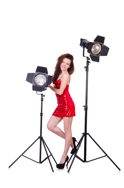 Woman in red dress posing in the studio — Stock Photo, Image