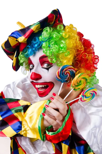 Clown with lollipop isolated on white — Stock Photo, Image
