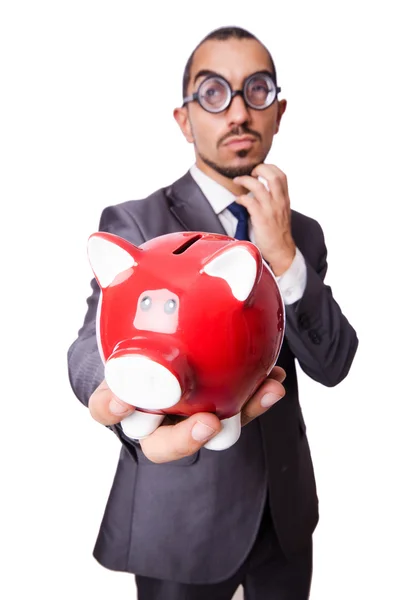 Homem engraçado com piggybank em branco — Fotografia de Stock