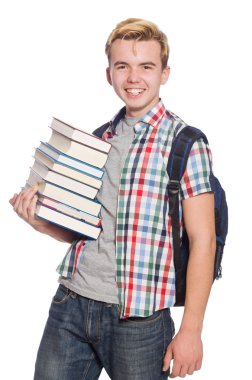 Bir yığın kitabı olan komik öğrenci.