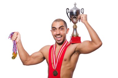 Beyaz arka plan üzerinde izole Kırmızı elbiseli güreşçi