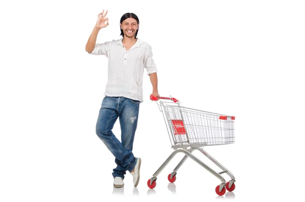 Uomo shopping con carrello supermercato isolato su bianco — Foto Stock