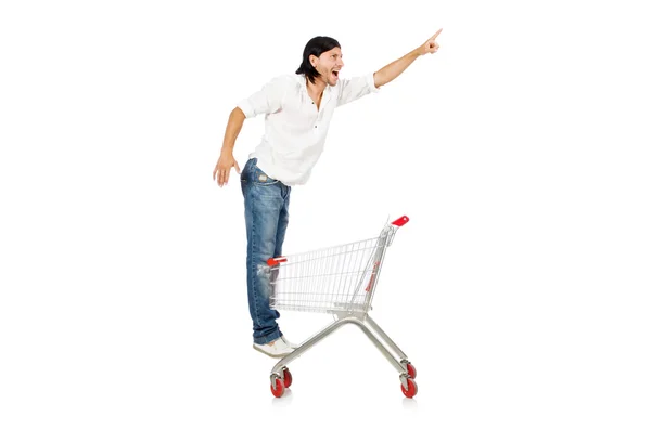 Man shopping med snabbköp korg vagn isolerad på vit — Stockfoto