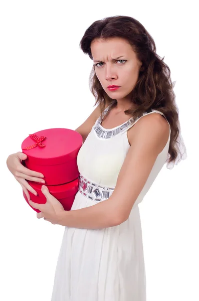 Woman in dress with christmas gifts — Stock Photo, Image