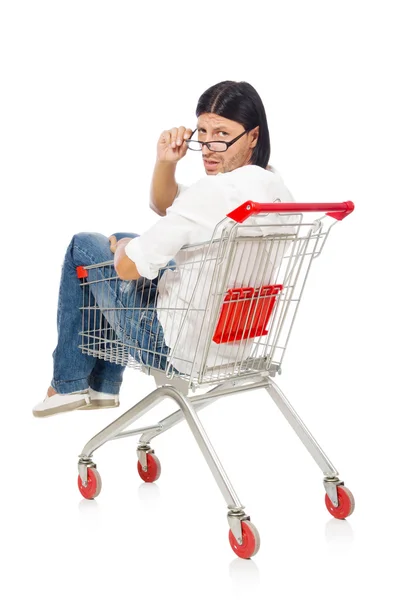 男子购物与超市购物车隔离在白色 — 图库照片