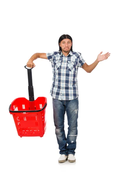 Hombre de compras con carrito cesta de supermercado aislado en blanco — Foto de Stock