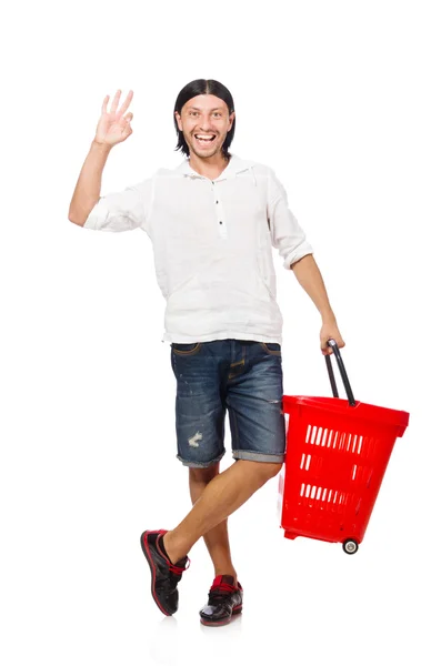 Hombre de compras con carrito cesta de supermercado aislado en blanco — Foto de Stock