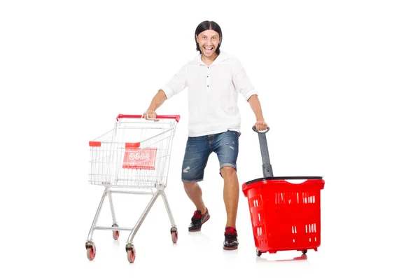 男子购物与超市购物车隔离在白色 — 图库照片