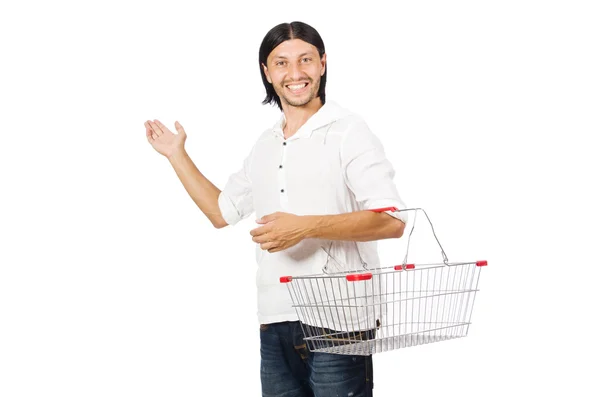 Hombre de compras con carrito cesta de supermercado aislado en blanco — Foto de Stock