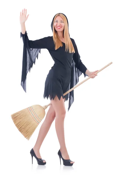 Woman with broom on white — Stock Photo, Image