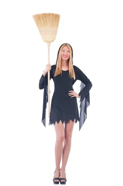 Woman with broom on white — Stock Photo, Image