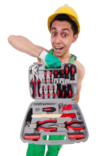 Homem com kit de ferramentas isolado no branco — Fotografia de Stock