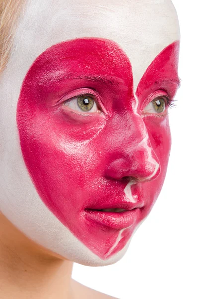 Woman with heart face painting isolated on white — Stock Photo, Image